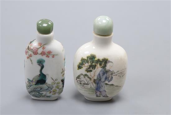 Two Chinese famille rose snuff bottles, 19th century, one with Qianlong mark Tallest 8cm incl. stopper